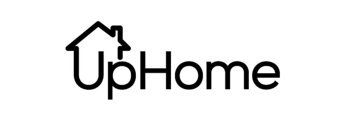 A black and white logo for uphome with an arrow pointing up.