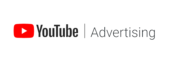 YouTube Advertising logo. Red play button icon, YouTube text, advertising text.