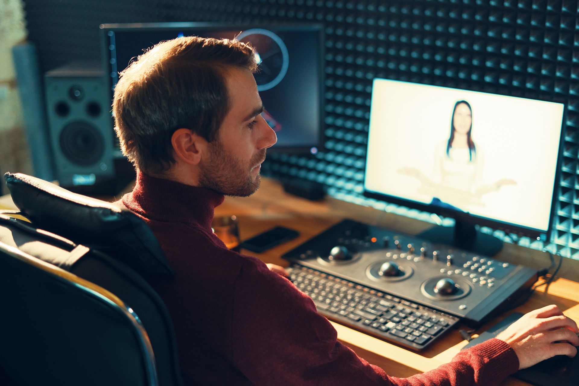 A man is sitting at a desk in front of two computer monitors.