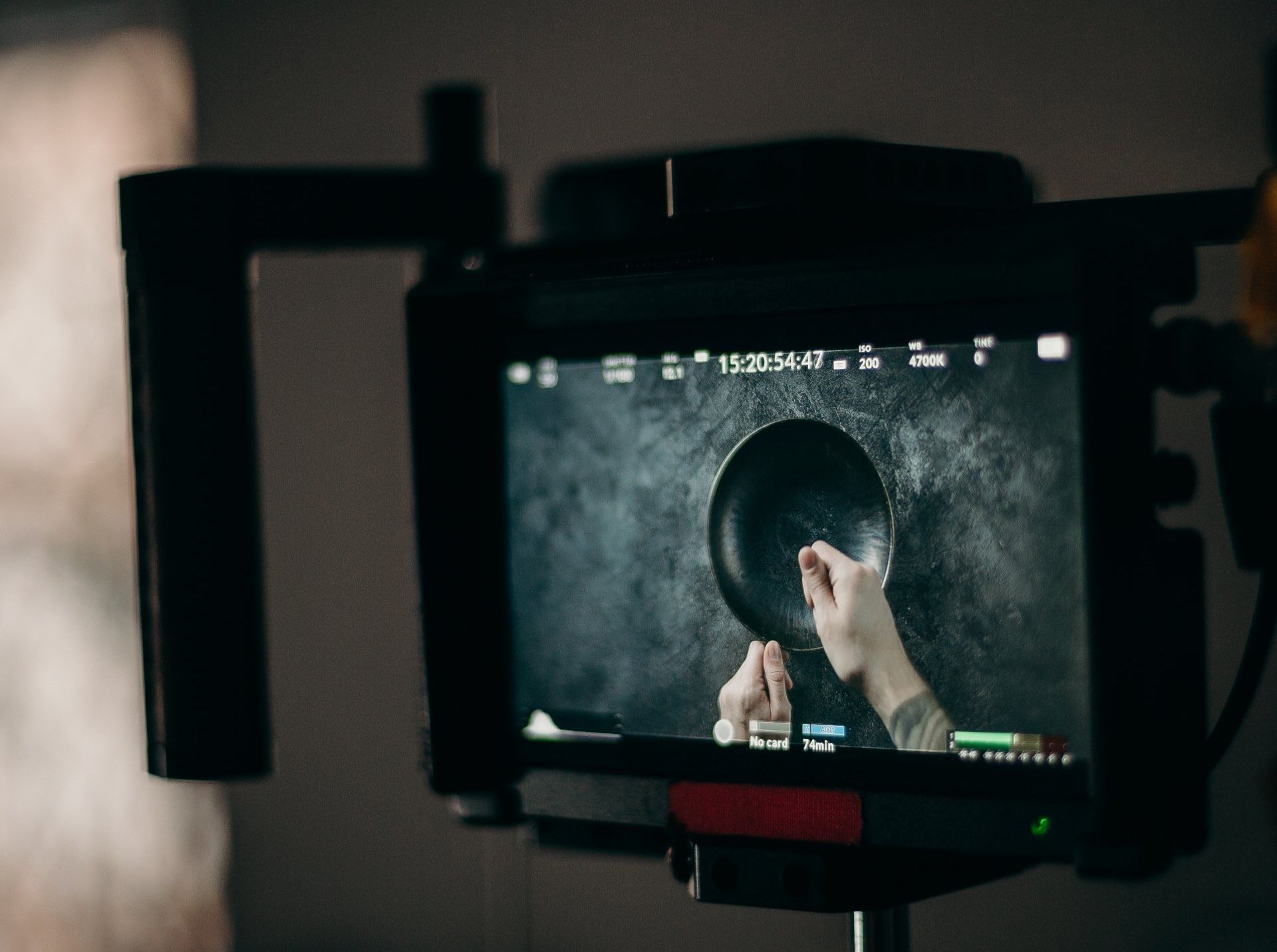 A person is holding a frying pan in front of a camera.