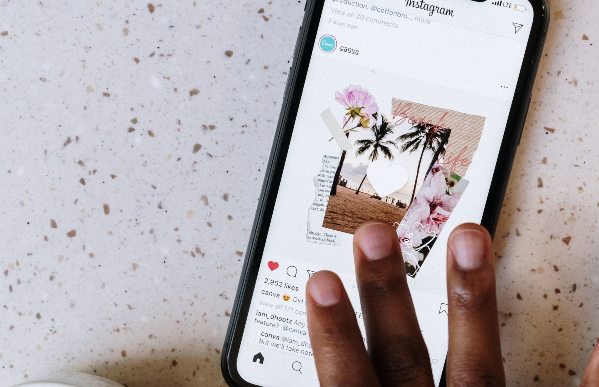 A person is holding a cell phone with a picture of palm trees on the screen.