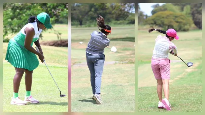 Three golfers swinging clubs on a green course; they wear various golf outfits.