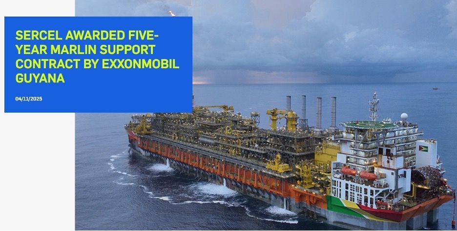 Floating oil processing facility in ocean. Text: Sercel awarded five-year Marlin support contract by ExxonMobil Guyana.