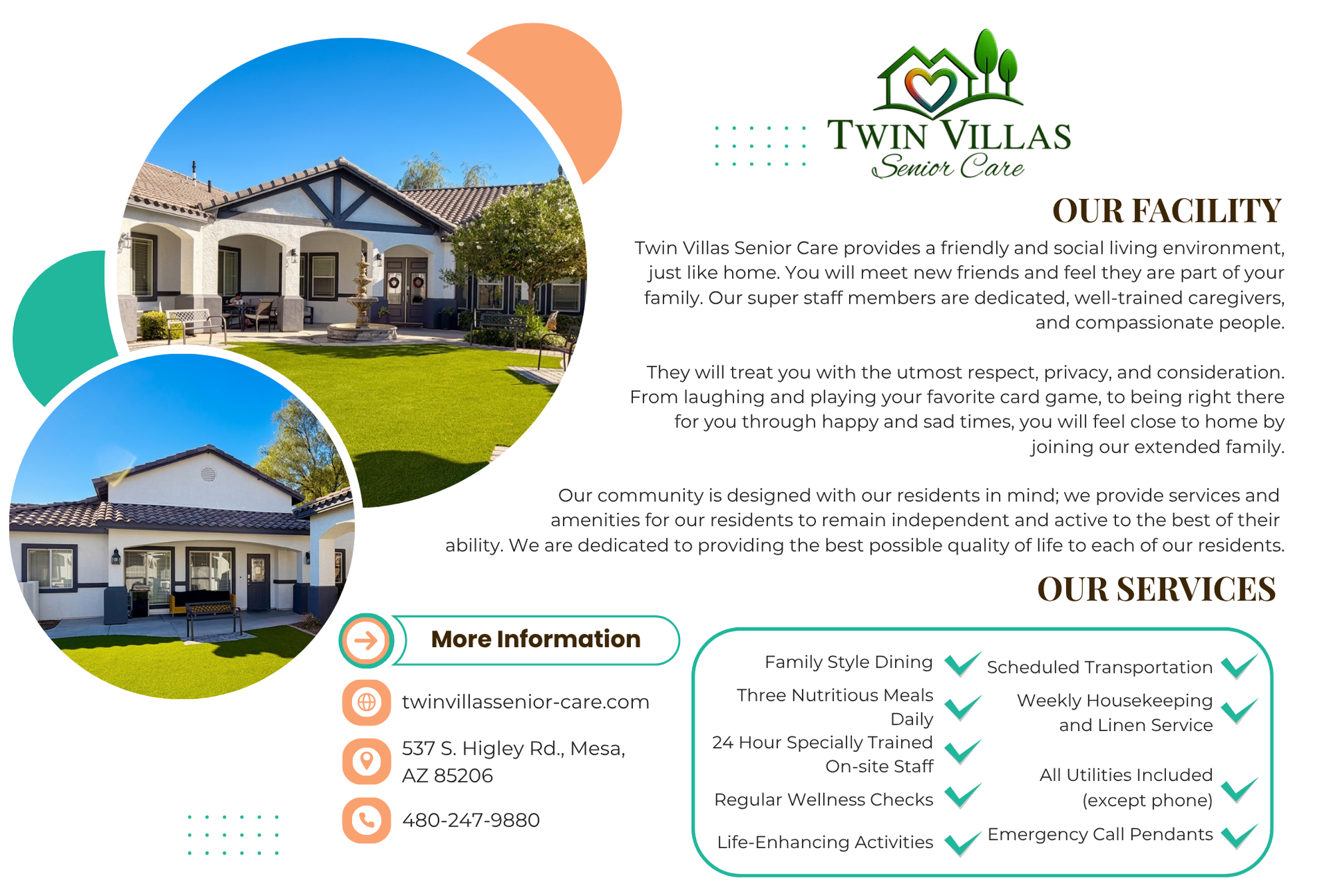 Twin Villas marketing flyer with house photos, logo, and service details on a white background