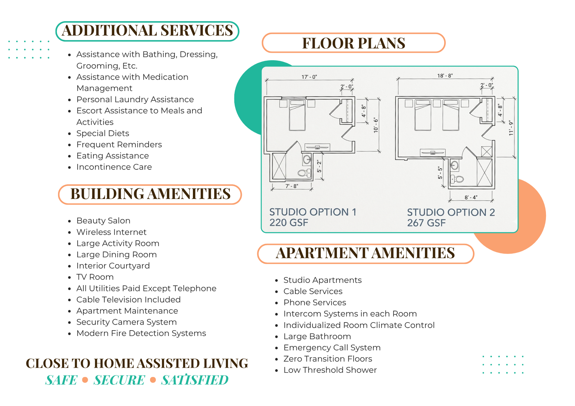 Apartment brochure with floor plans, building amenities, and additional services in teal and orange layout