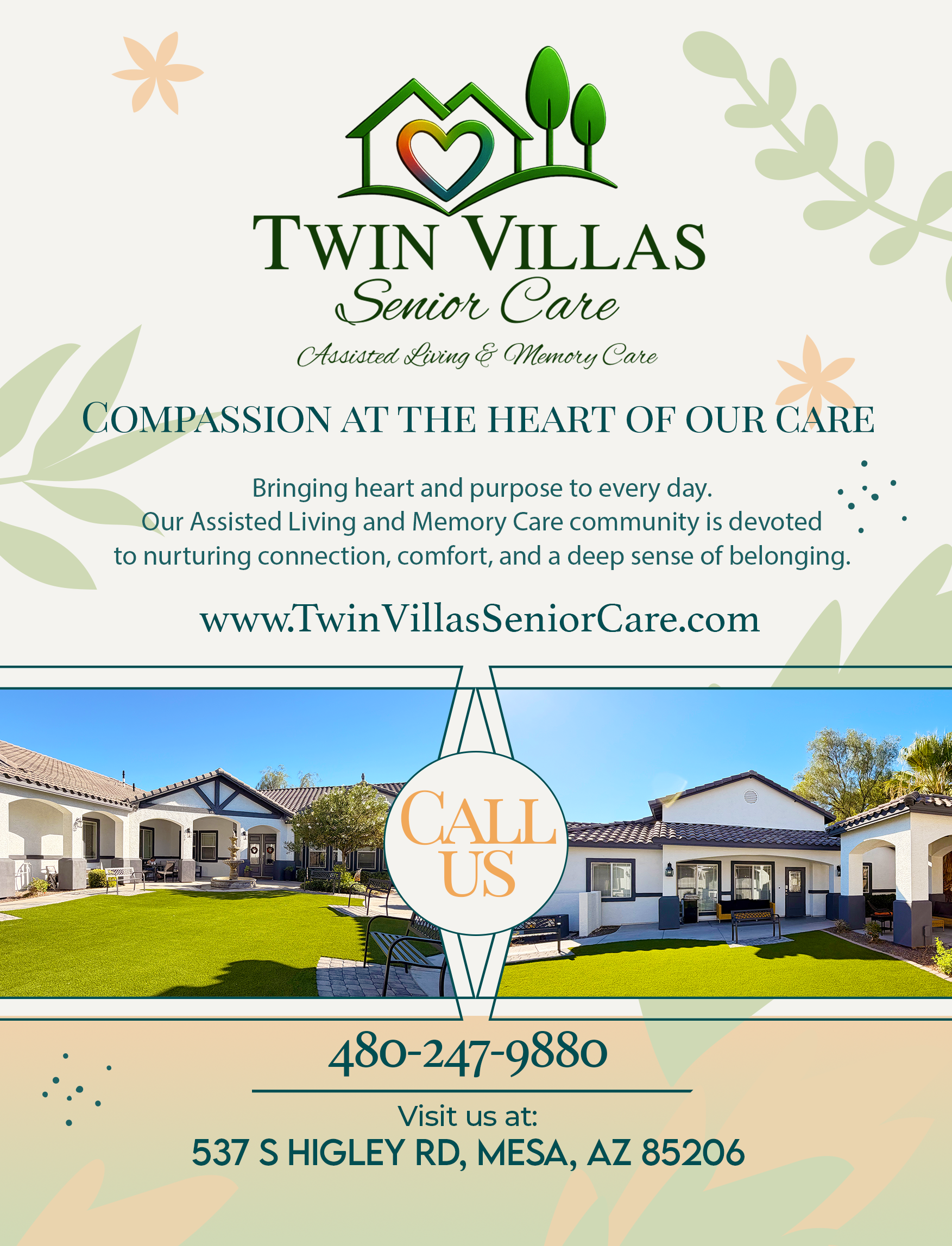 Twin Villas Senior Care flyer with logo, contact info, and community photos of buildings and courtyard