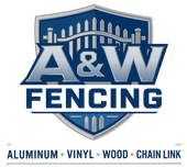 A&W Fencing logo with blue shield and text: Aluminum, Vinyl, Wood, Chain Link