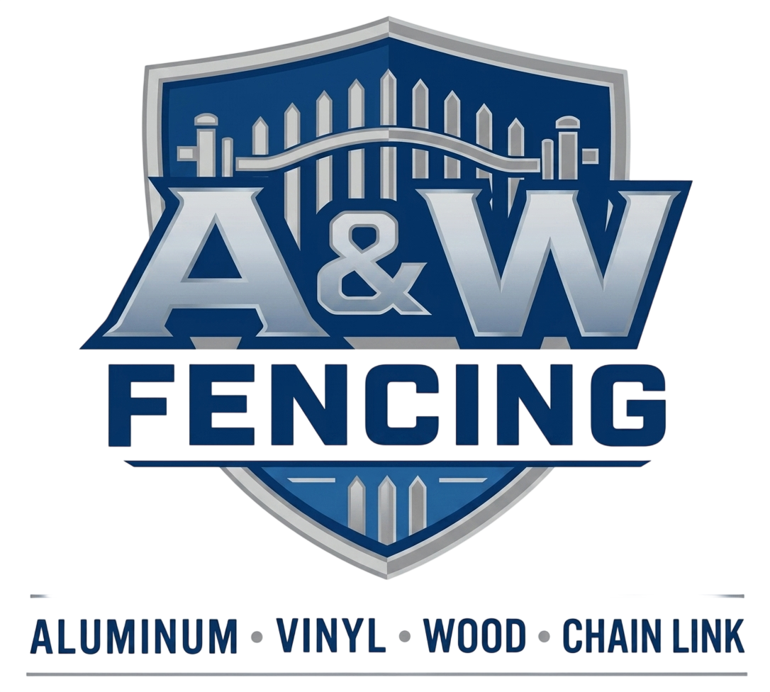 A&W Fencing logo with blue shield and text: Aluminum, Vinyl, Wood, Chain Link