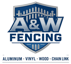 A&W Fencing logo with blue shield and text: Aluminum, Vinyl, Wood, Chain Link