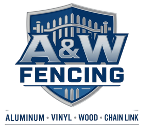 A&W Fencing logo with blue shield and text: Aluminum, Vinyl, Wood, Chain Link