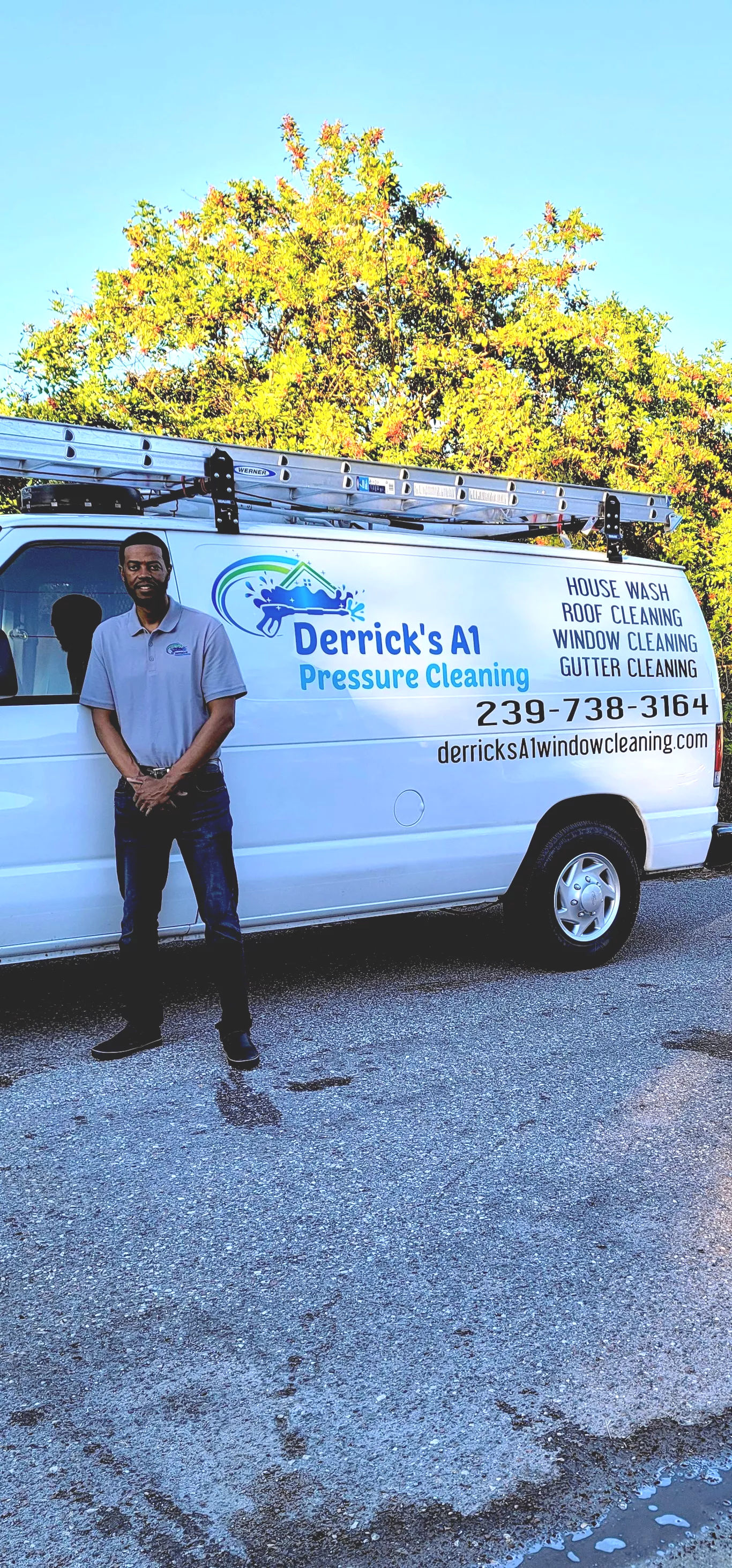 Get to know us A man stands in front of a white van that says denver oil