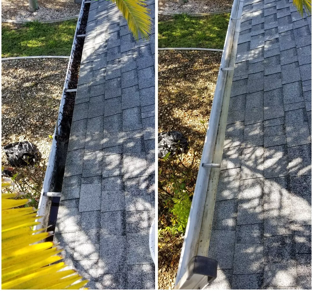 Gutter Cleaning A before and after picture of a gutter on a roof.
