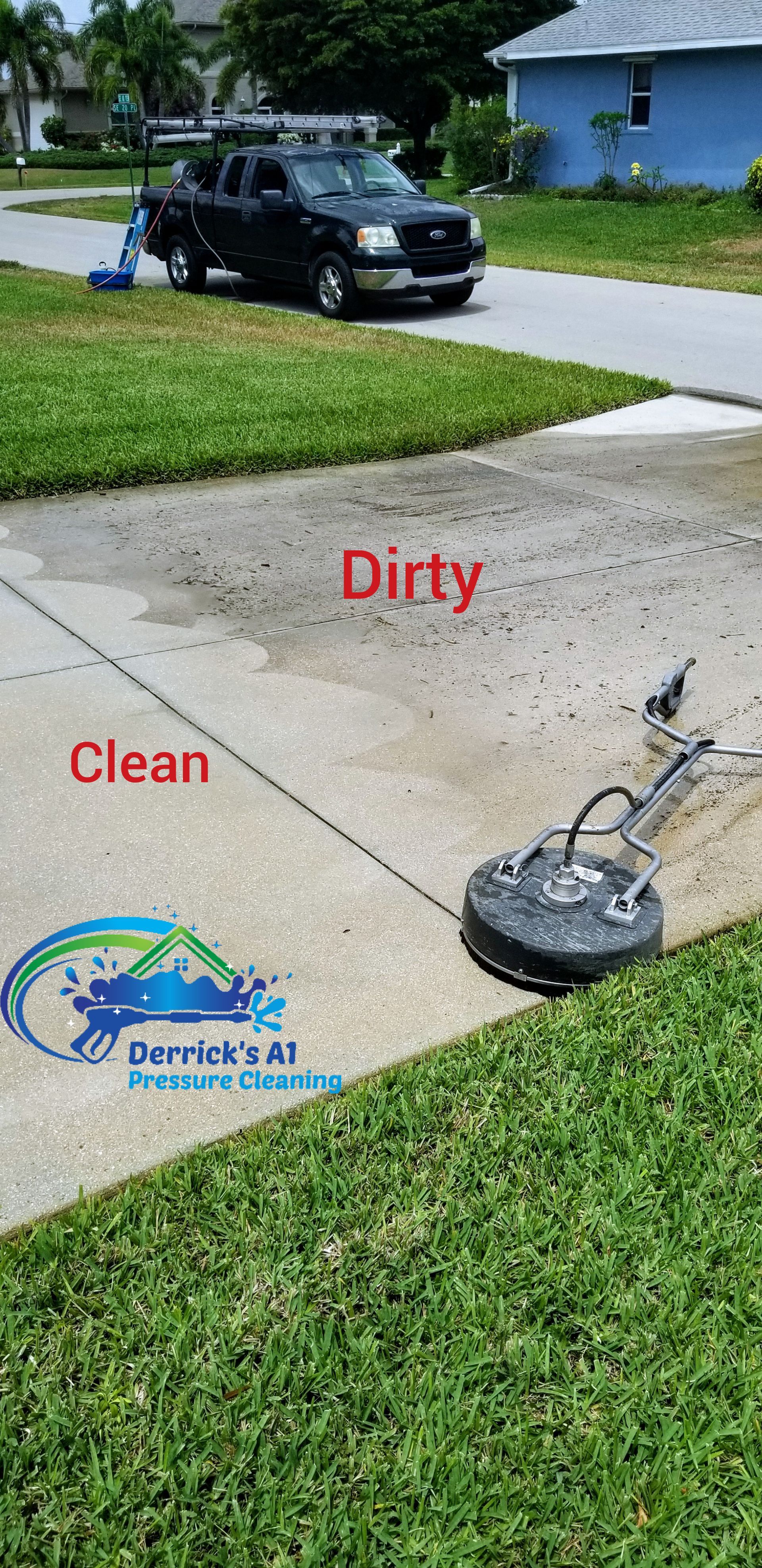 A dirty driveway next to a clean driveway