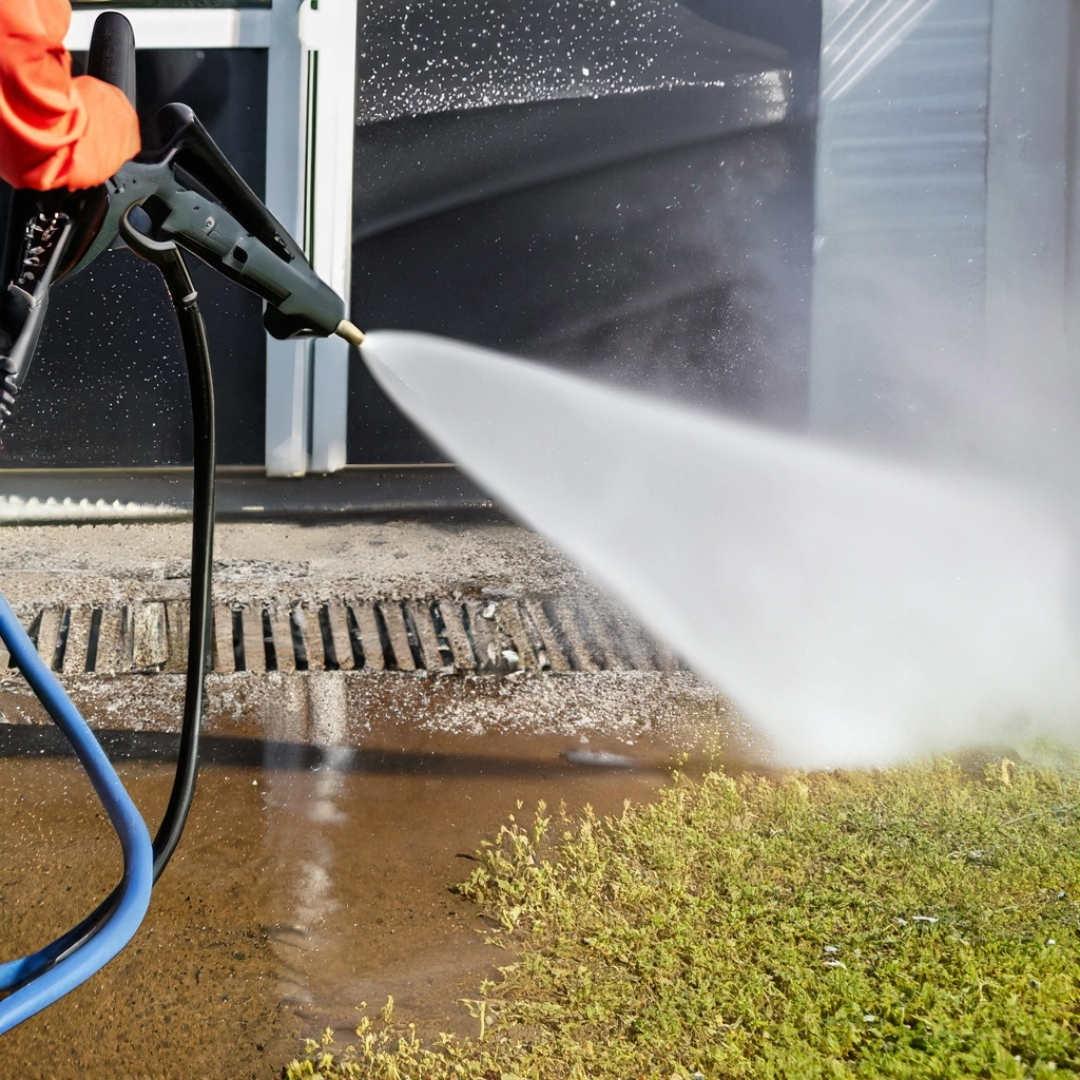 Pressure Cleaning A person is using a high pressure washer to clean a sidewalk