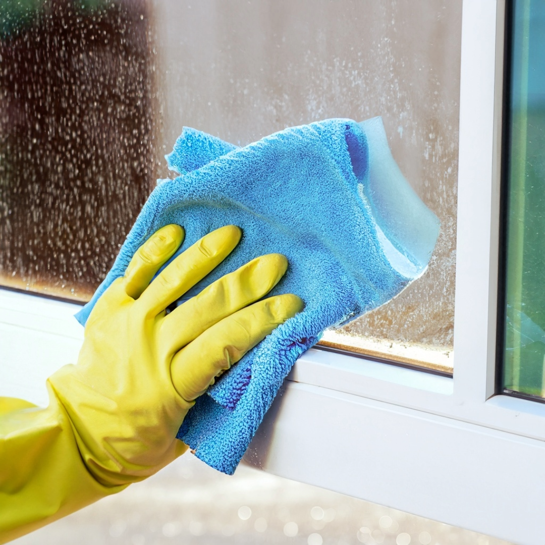 Window Cleaning A person wearing yellow gloves is cleaning a window with a blue cloth.