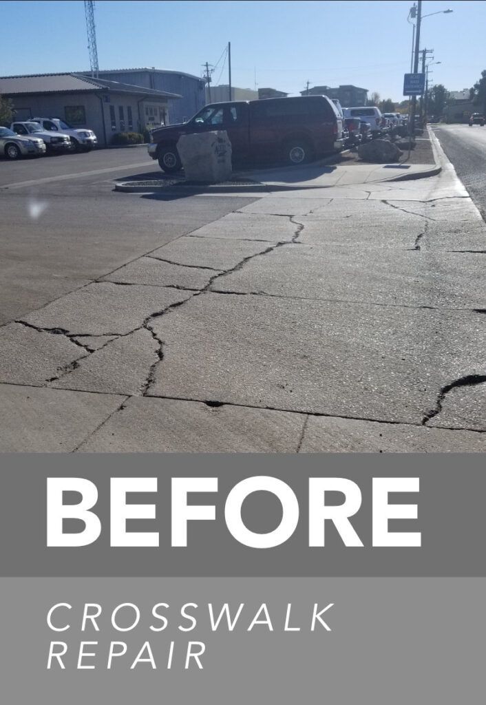 Waypoint Concrete documented cracking and spalling before crosswalk surface repair in Meridian, Idaho.