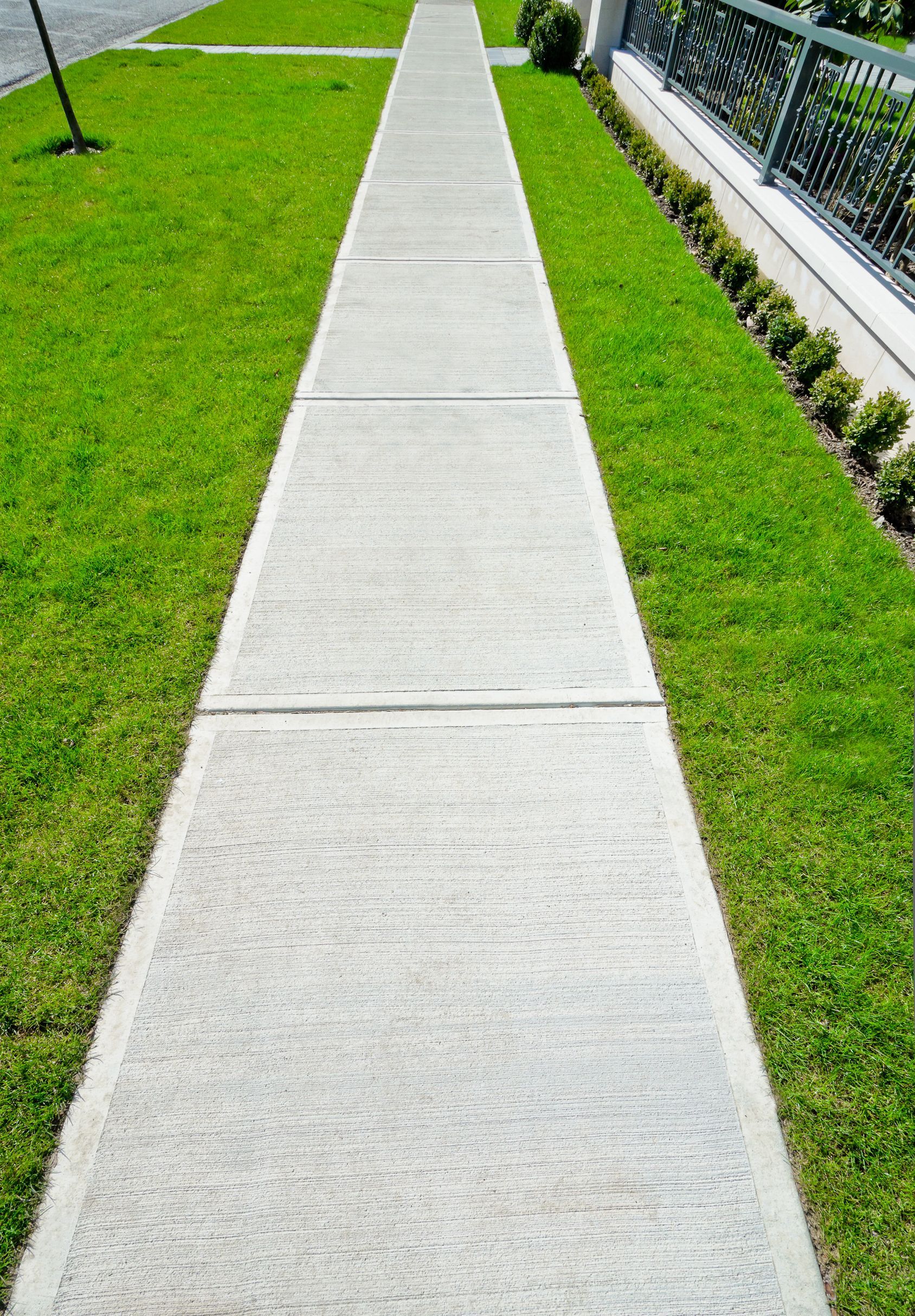 A sidewalk with a lot of grass on the side of it
