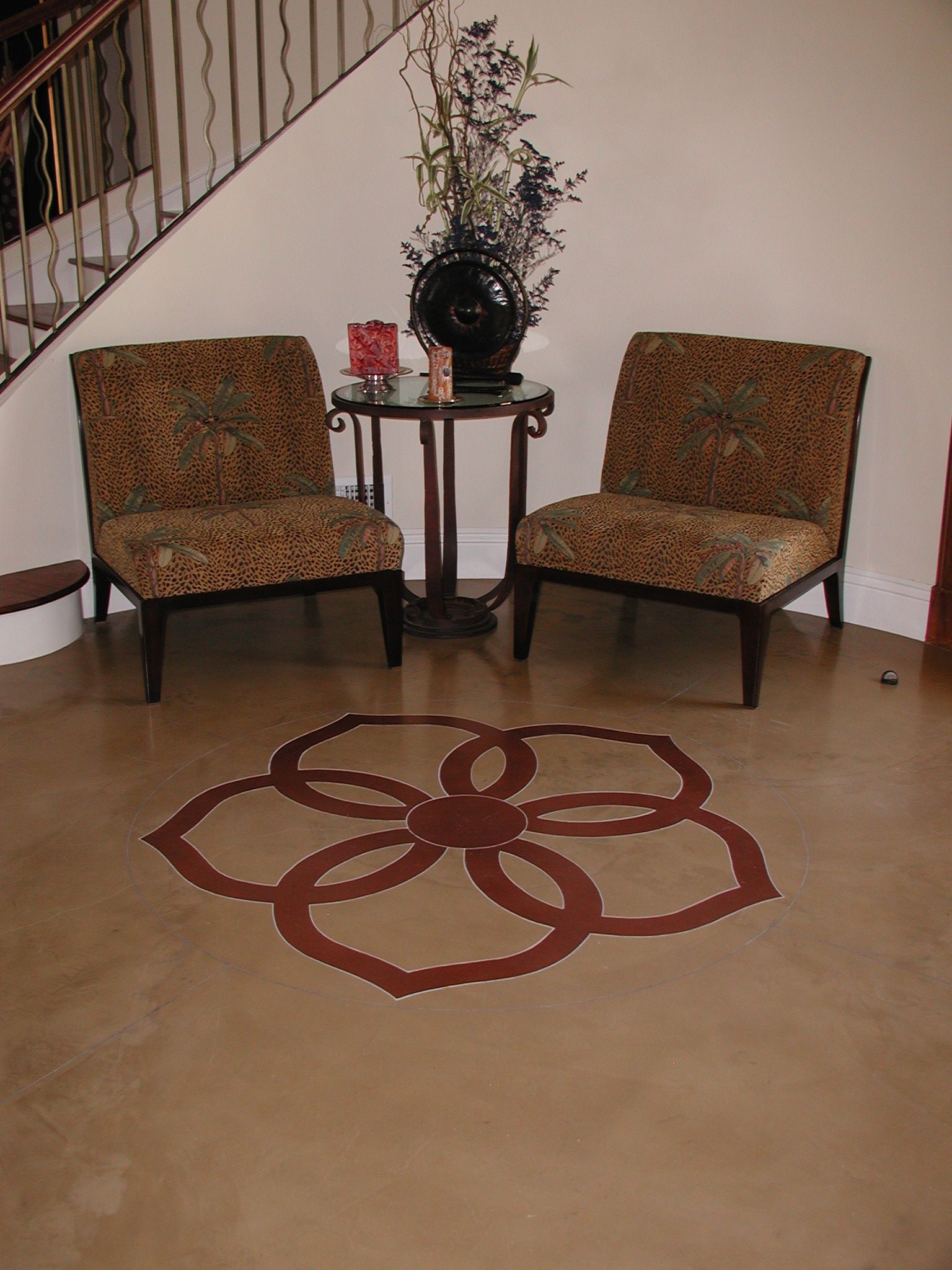 Waypoint Concrete crafted a decorative concrete floor with floral inset detail for a lounge in Fruitland, Idaho.