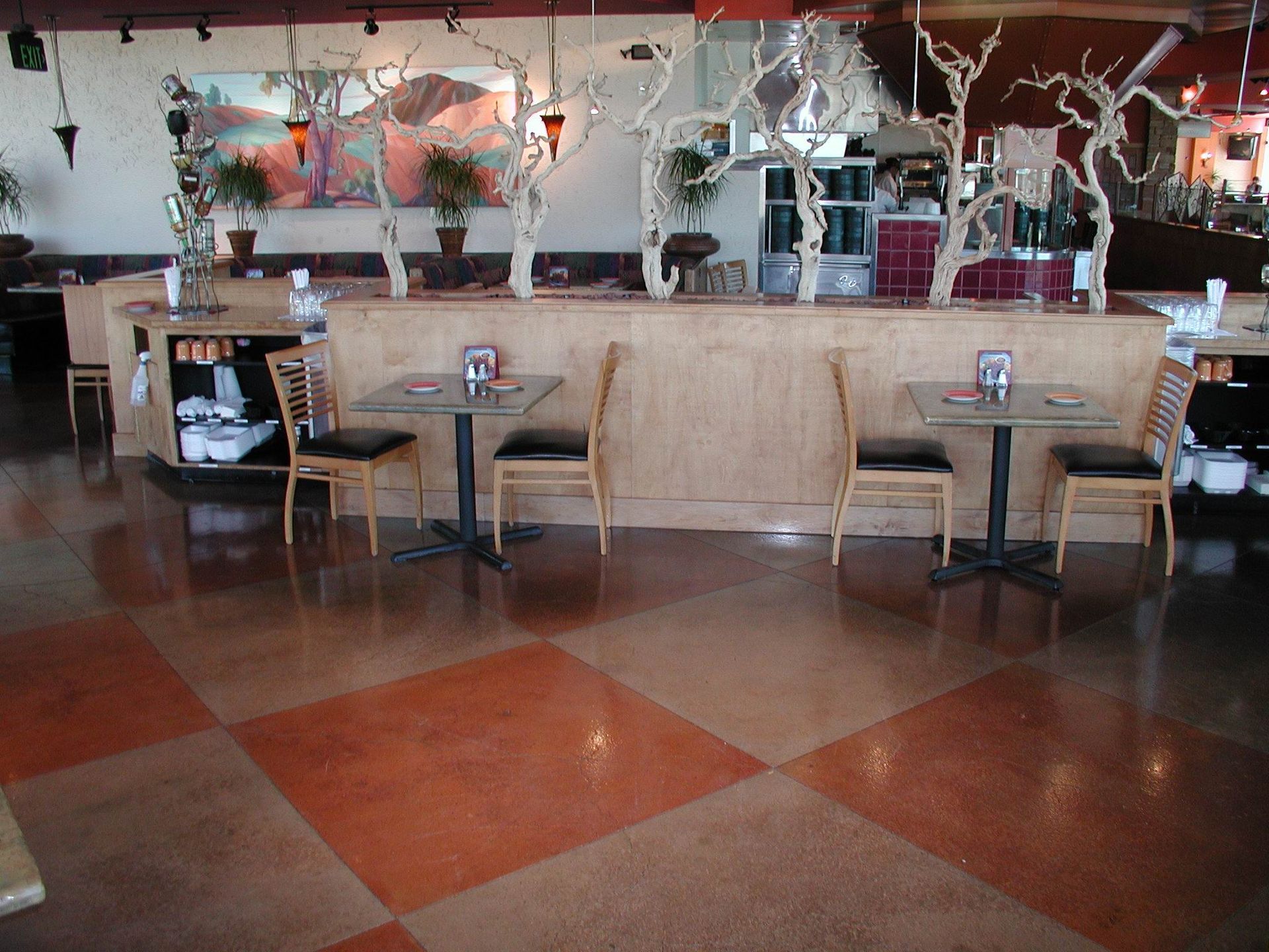 Waypoint Concrete poured and stained a decorative concrete floor for a cafe dining space in Blackfoot, Idaho.