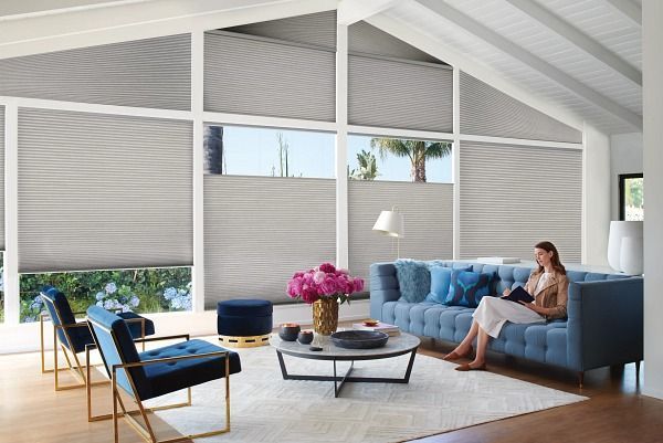 Woman reading on a blue sofa in a bright living room with large windows, covered with gray blinds.