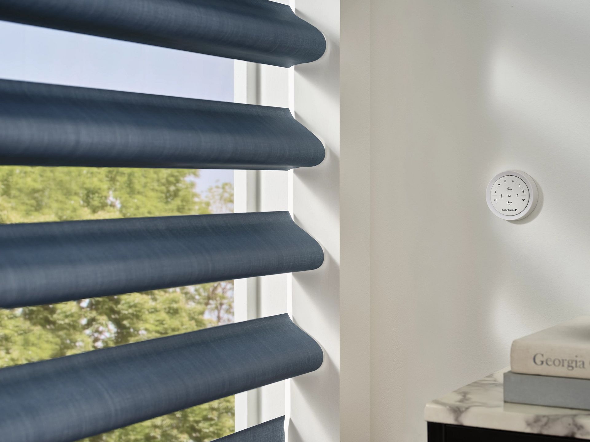 Blue window blinds next to a white wall with a smart home device and books.