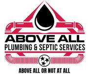 Above All Plumbing & Septic Services logo with red, black, and white droplet and slogan “Above All or Not At All”