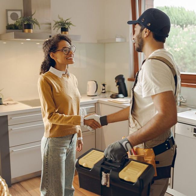 Two people shake hands in a bright kitchen; one carries a toolbox and wears work gloves.