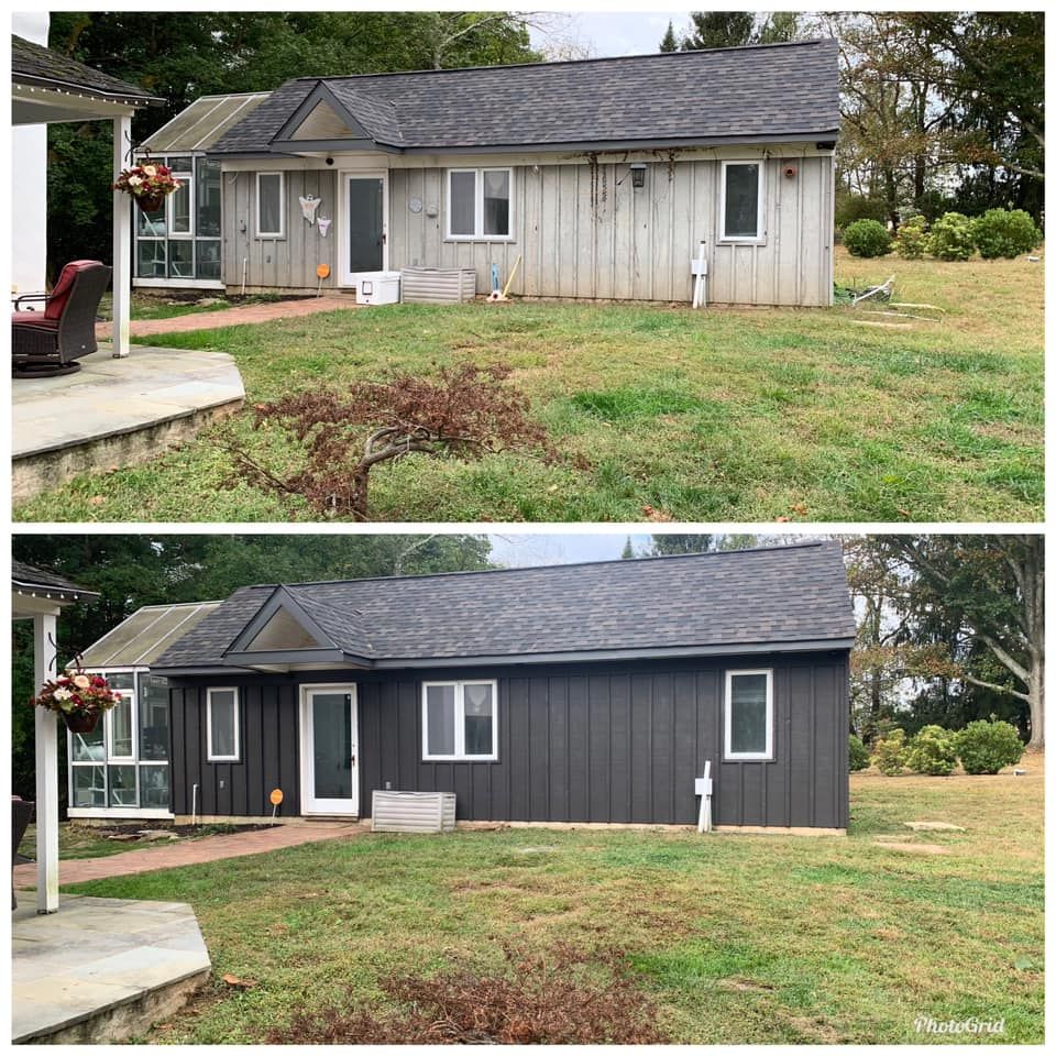 A before and after picture of a house that has been painted black.