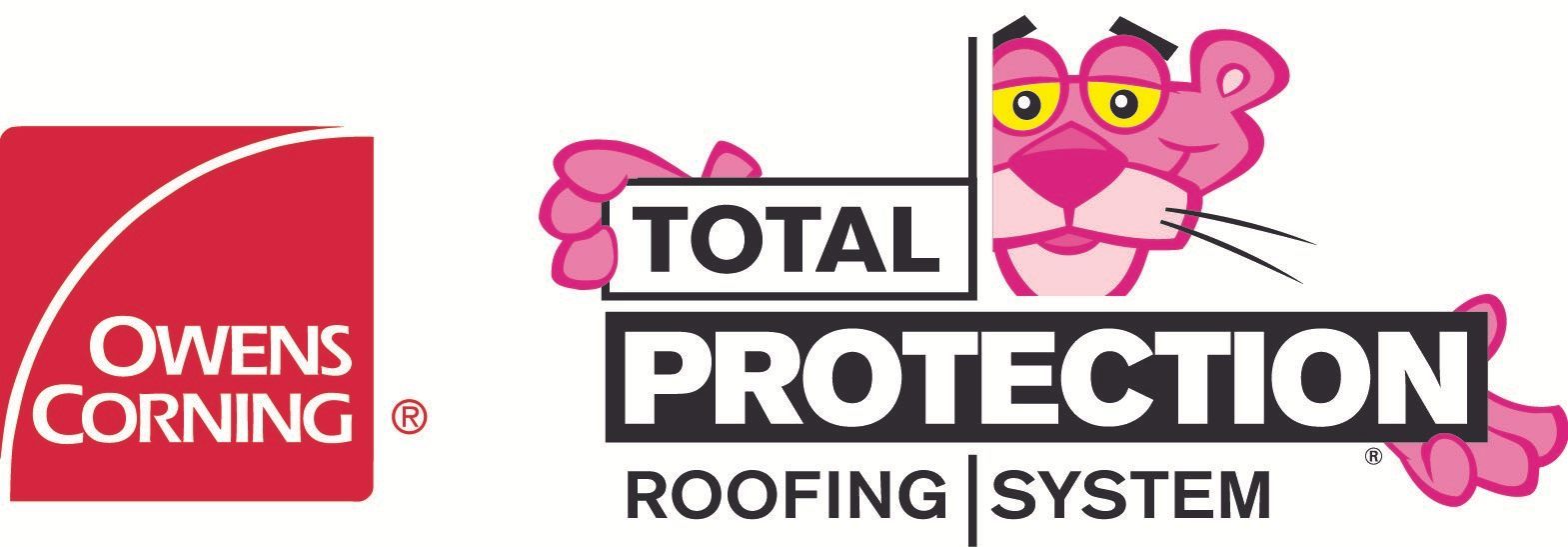 The logo for owens corning total protection roofing system with a pink panther.