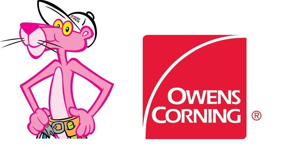 A pink panther next to an owens corning logo