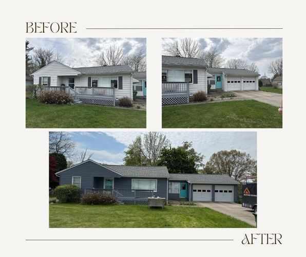 Before and after exterior house renovation: white to blue, teal door, two-car garage.