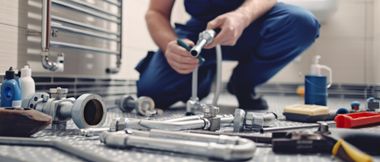 Technician kneeling on workshop floor, using a wrench among scattered metal tools and pipes