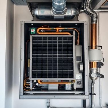 Wall-mounted HVAC unit with exposed ducts, pipes, and wiring inside a utility cabinet.