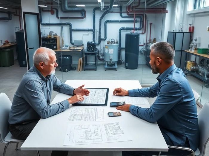 Two men review blueprints at a table in a industrial workshop with metal pipes and equipment.