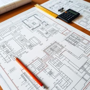 Architectural blueprint with orange pencil, yellow ruler, and calculator on a drafting table