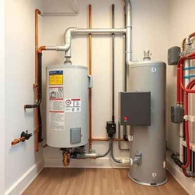 Water heater and hot water tank in a utility closet with exposed copper pipes and control boxes.