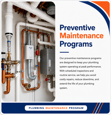 Preventive maintenance program flyer with plumbing pipes and equipment on the left and blue-orange text on the right