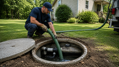 Worker using a hose to flush a utility sump pit in a front yard