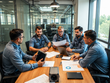 Team meeting in a glass-walled conference room, six people discussing documents around a wooden table.