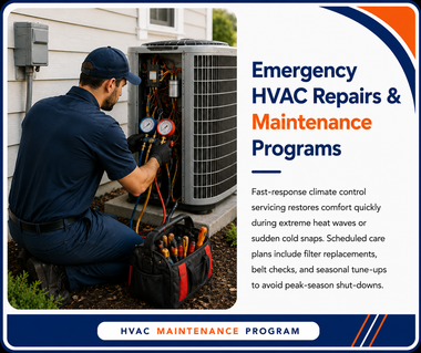 Technician servicing HVAC unit beside tools; ad reads “Emergency HVAC Repairs & Maintenance Programs.”