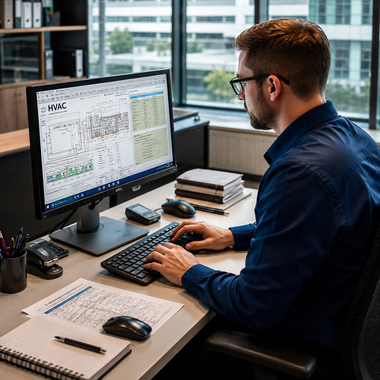 Person working at a desk with dual monitors in a modern office, reviewing charts and data.