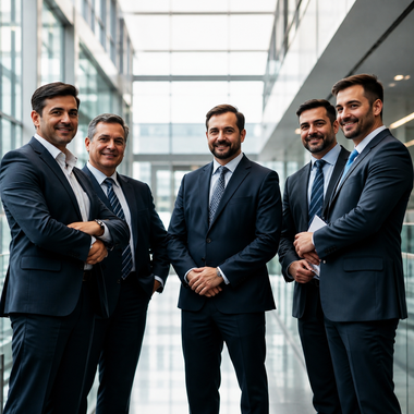 Five business professionals in suits standing together in a modern office lobby