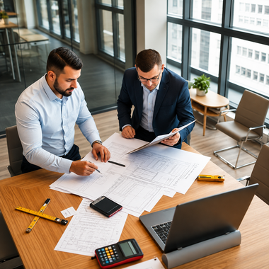 Two people reviewing blueprints at a desk with a laptop and calculator in a bright office