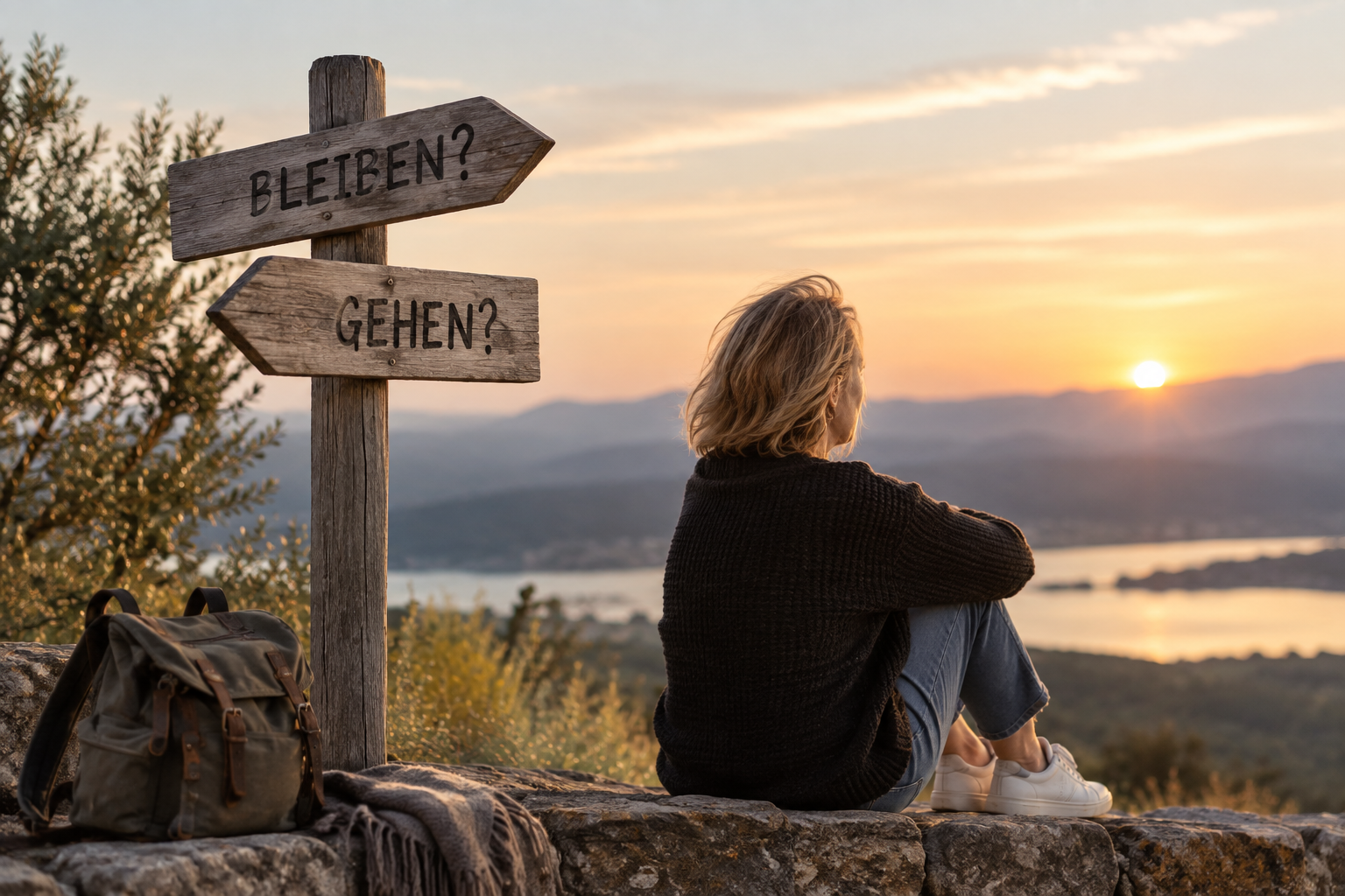Frau vor Wegweiser mit „Bleiben?“ und „Gehen?“ nach einer Affäre