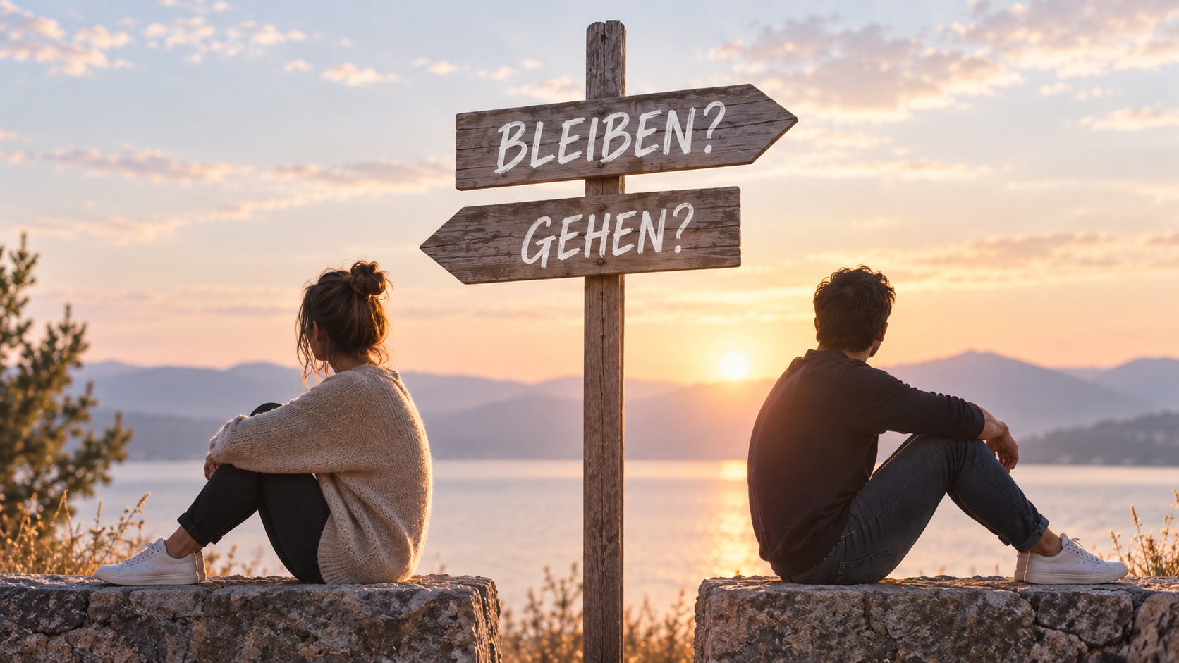 Paar vor Wegweiser mit „Bleiben?“ und „Gehen?“ nach einer Affäre