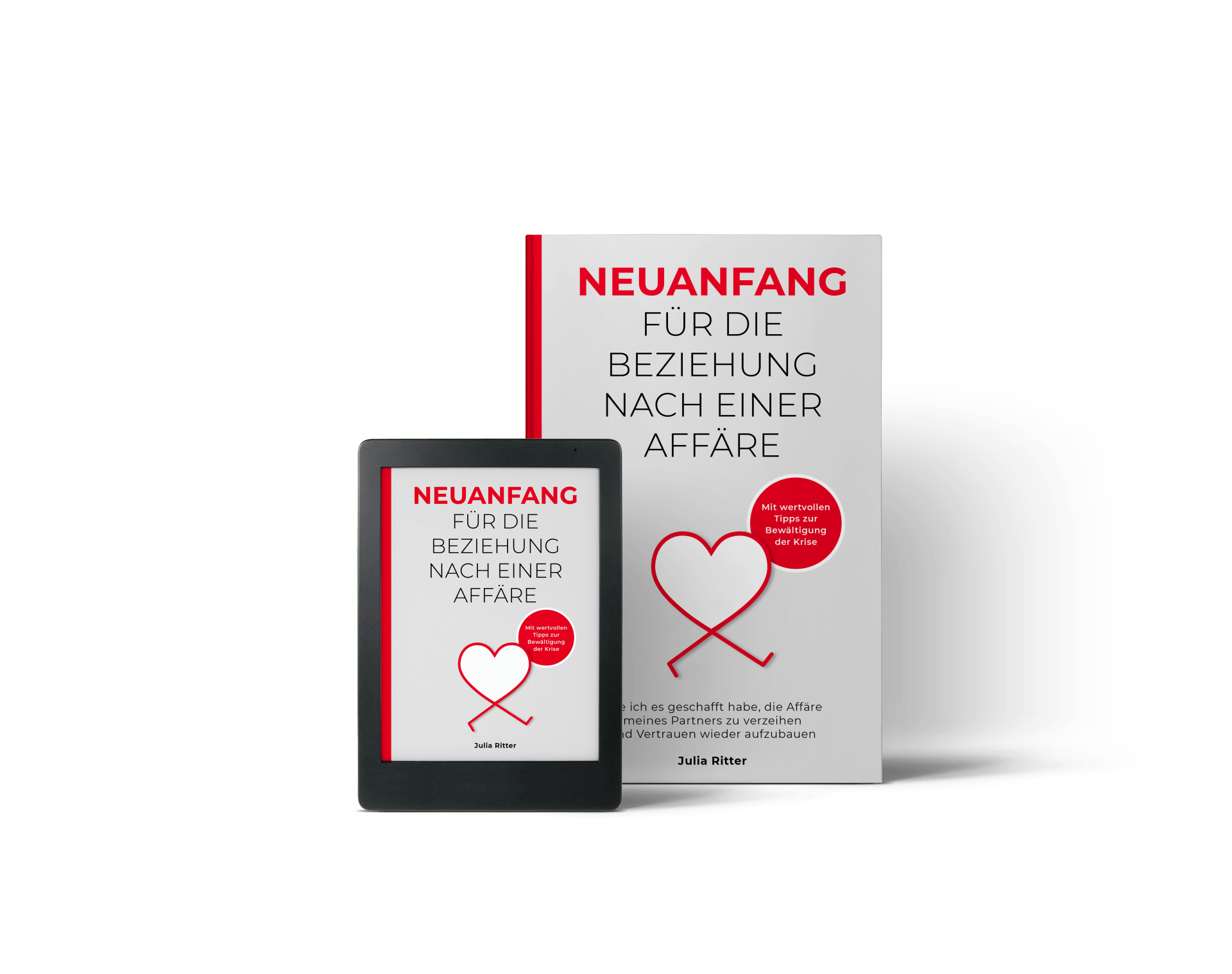 Buch „Neuanfang für die Beziehung nach einer Affäre“ als Print- und E-Book-Ausgabe.