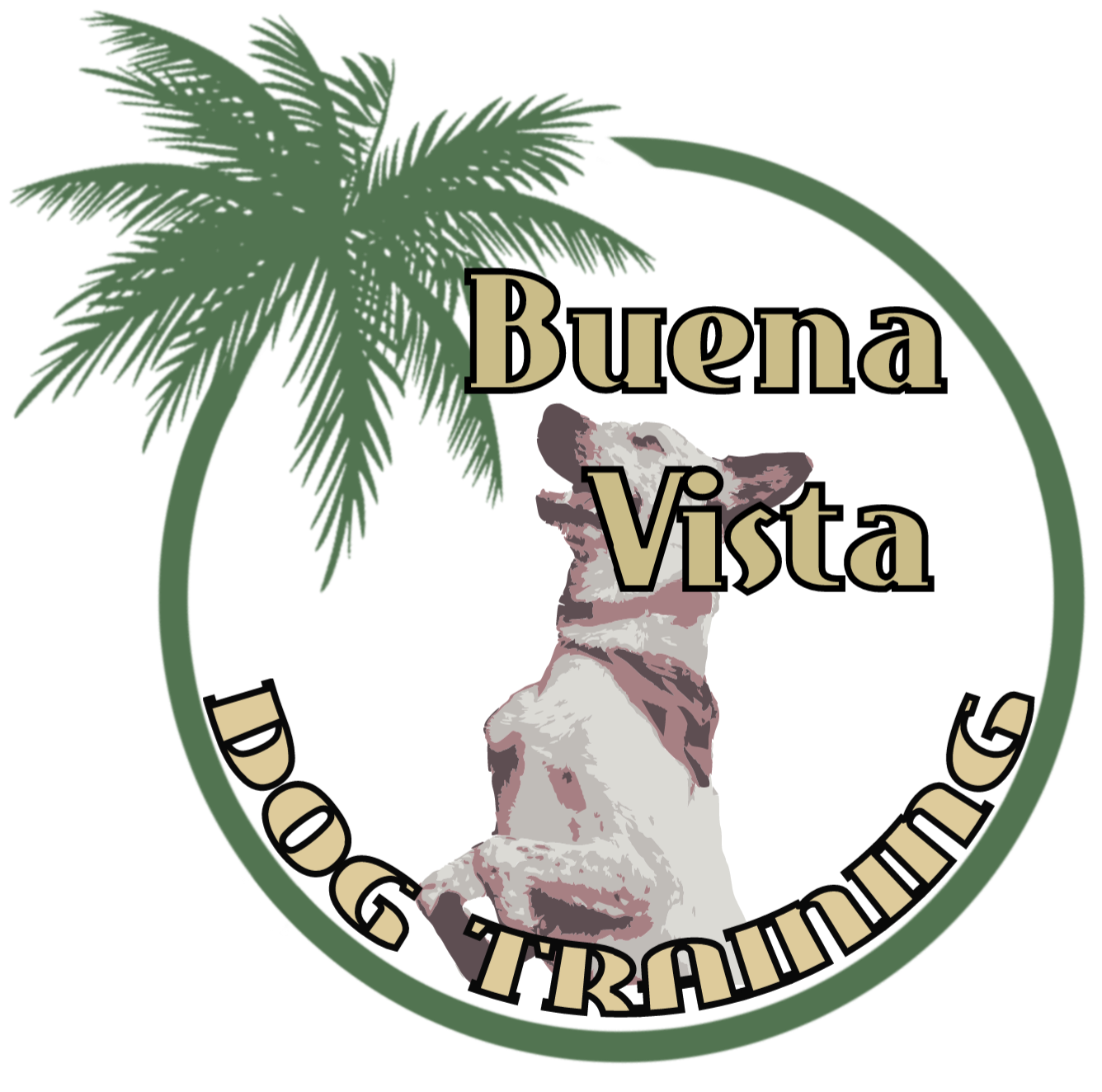 A logo for buena vista dog training with a palm tree in the background