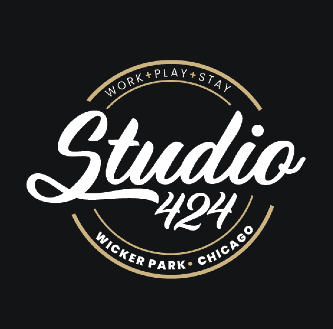Studio 424 logo: white script lettering on a black background, with 