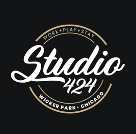 Studio 424 logo: white script lettering on a black background, with 