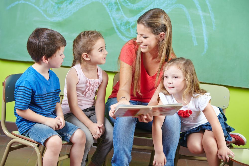 A Woman is Reading a Book to a Group of Children — Grandma Rosie’s Quality Long Day Care In Horsley, NSW
